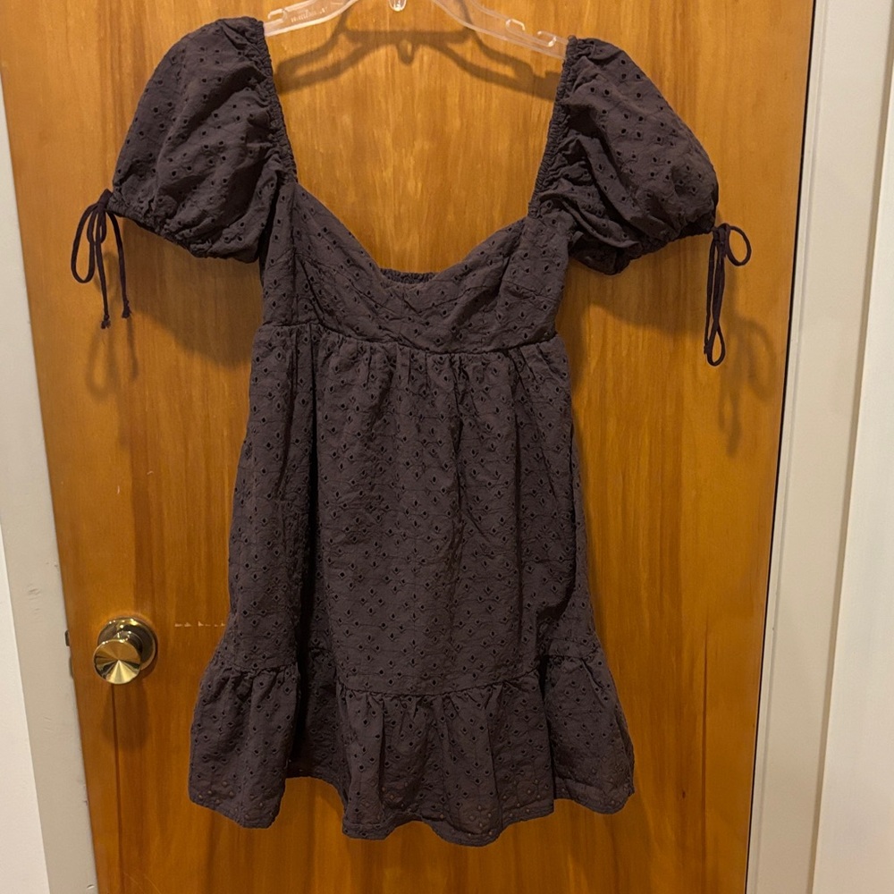 Olivaceous Brown Puff Sleeve Eyelet Dress